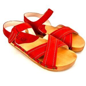 Kalso Earth Shoe “Serene”Leather Negative Heel Wooden Sandal SZ 8.5US Cherry Red
